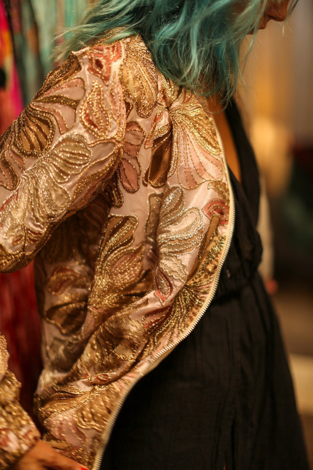 SILK SEQUIN EMBROIDERED BOMBER JACKET JUDE - sustainably made MOMO NEW YORK sustainable clothing, bestseller slow fashion