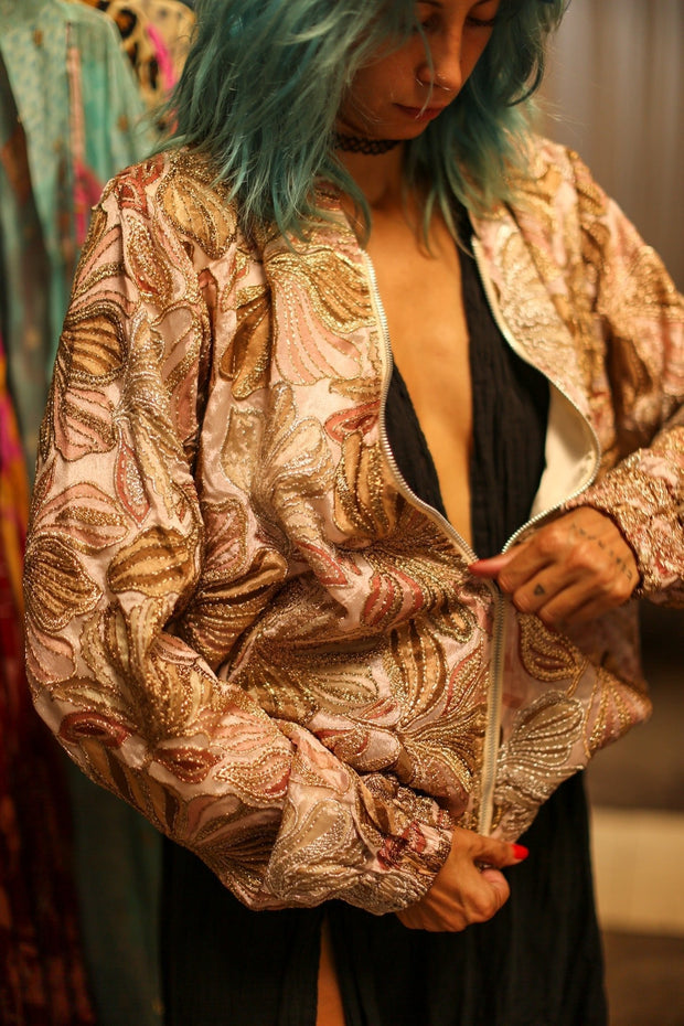 SILK SEQUIN EMBROIDERED BOMBER JACKET JUDE - sustainably made MOMO NEW YORK sustainable clothing, bestseller slow fashion