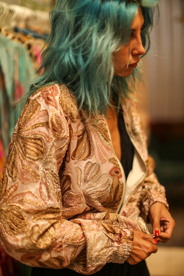 SILK SEQUIN EMBROIDERED BOMBER JACKET JUDE - sustainably made MOMO NEW YORK sustainable clothing, bestseller slow fashion