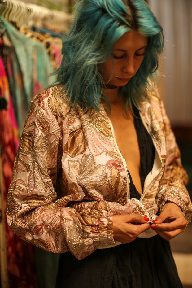 SILK SEQUIN EMBROIDERED BOMBER JACKET JUDE - sustainably made MOMO NEW YORK sustainable clothing, bestseller slow fashion