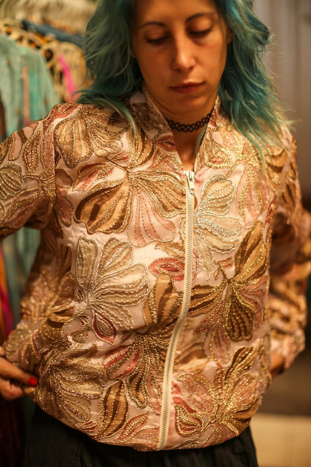 SILK SEQUIN EMBROIDERED BOMBER JACKET JUDE - sustainably made MOMO NEW YORK sustainable clothing, bestseller slow fashion