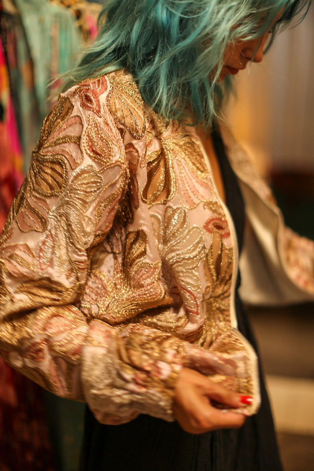 SILK SEQUIN EMBROIDERED BOMBER JACKET JUDE - sustainably made MOMO NEW YORK sustainable clothing, bestseller slow fashion