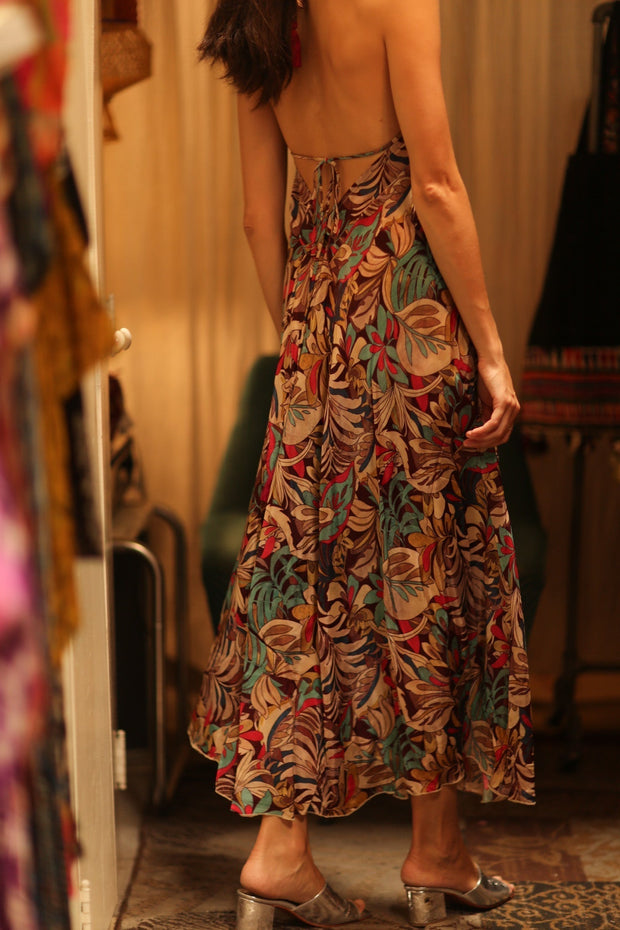 SILK STRAP DRESS HANNAH BROWN JUNGLE FEVER - sustainably made MOMO NEW YORK sustainable clothing, Boho Chic Dress slow fashion