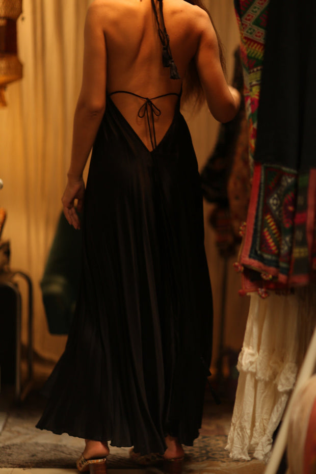 SILK STRAP DRESS HANNAH SOLID BLACK - sustainably made MOMO NEW YORK sustainable clothing, dress slow fashion