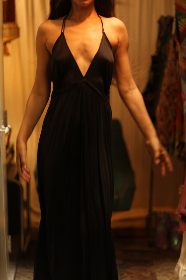 SILK STRAP DRESS HANNAH SOLID BLACK - sustainably made MOMO NEW YORK sustainable clothing, dress slow fashion