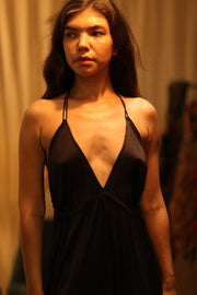 SILK STRAP DRESS HANNAH SOLID BLACK - sustainably made MOMO NEW YORK sustainable clothing, dress slow fashion