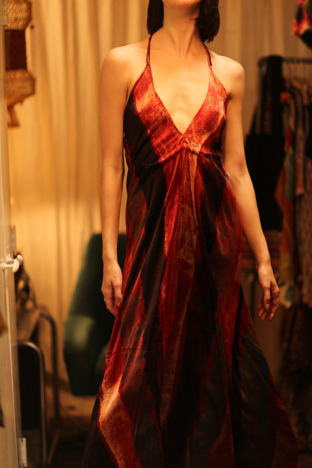 SILK SUMMER STRAP DRESS HANNAH RED STRIPE - sustainably made MOMO NEW YORK sustainable clothing, Boho Chic Dress slow fashion