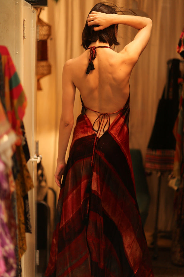 SILK SUMMER STRAP DRESS HANNAH RED STRIPE - sustainably made MOMO NEW YORK sustainable clothing, Boho Chic Dress slow fashion
