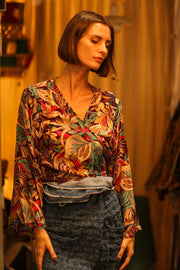 SILK WRAP TOP AURELIA BROWN JUNGLE - sustainably made MOMO NEW YORK sustainable clothing, new slow fashion