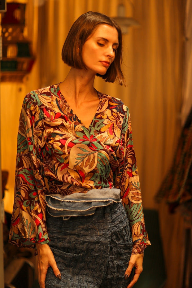 SILK WRAP TOP AURELIA BROWN JUNGLE - sustainably made MOMO NEW YORK sustainable clothing, new slow fashion