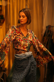SILK WRAP TOP AURELIA BROWN JUNGLE - sustainably made MOMO NEW YORK sustainable clothing, new slow fashion