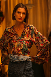 SILK WRAP TOP AURELIA BROWN JUNGLE - sustainably made MOMO NEW YORK sustainable clothing, new slow fashion