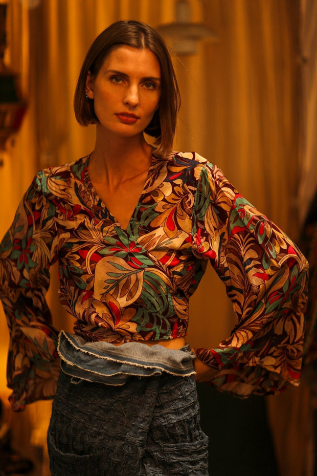 SILK WRAP TOP AURELIA BROWN JUNGLE - sustainably made MOMO NEW YORK sustainable clothing, new slow fashion