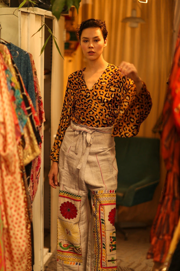 SILK WRAP TOP AURELIA DARK YELLOW LEOPARD - sustainably made MOMO NEW YORK sustainable clothing, new slow fashion