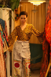 SILK WRAP TOP AURELIA DARK YELLOW LEOPARD - sustainably made MOMO NEW YORK sustainable clothing, new slow fashion