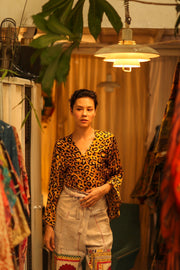 SILK WRAP TOP AURELIA DARK YELLOW LEOPARD - sustainably made MOMO NEW YORK sustainable clothing, new slow fashion