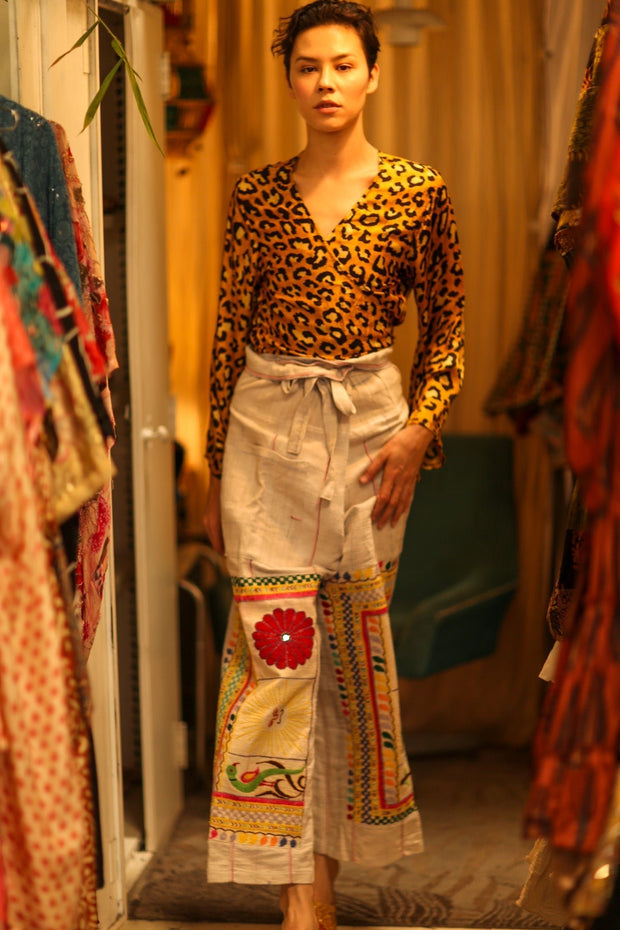 SILK WRAP TOP AURELIA DARK YELLOW LEOPARD - sustainably made MOMO NEW YORK sustainable clothing, new slow fashion