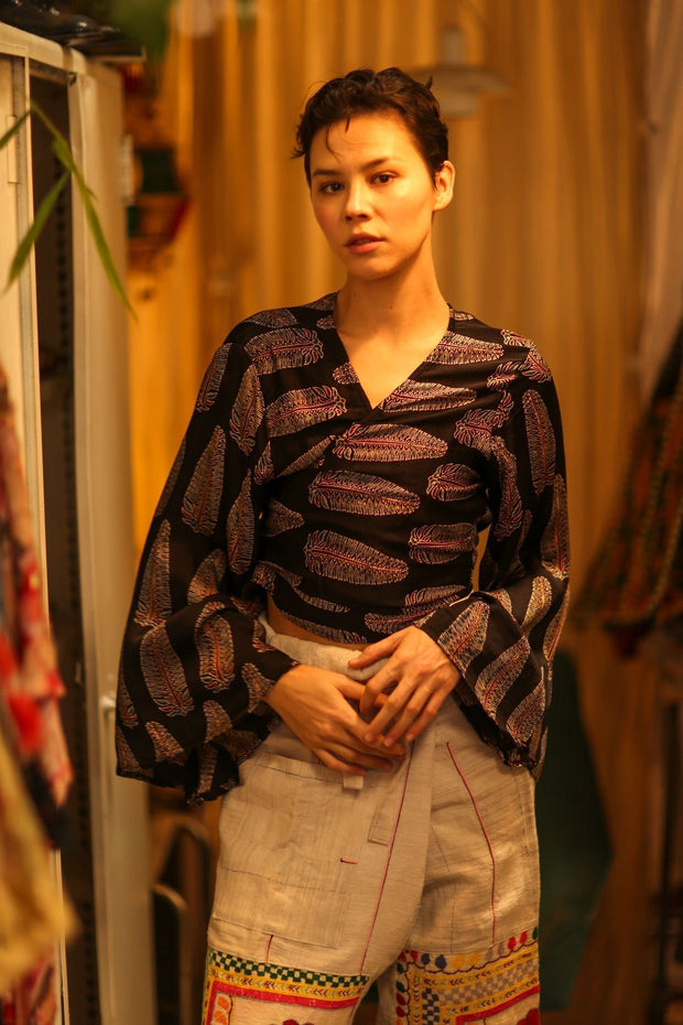 SILK WRAP TOP AURELIA FEATHER BLACK - sustainably made MOMO NEW YORK sustainable clothing, new slow fashion