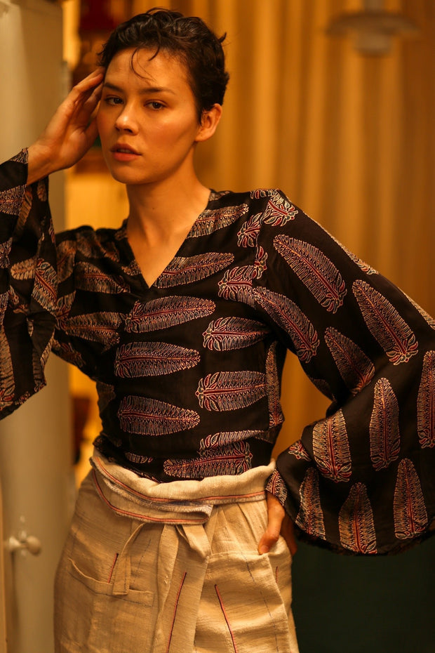 SILK WRAP TOP AURELIA FEATHER BLACK - sustainably made MOMO NEW YORK sustainable clothing, new slow fashion