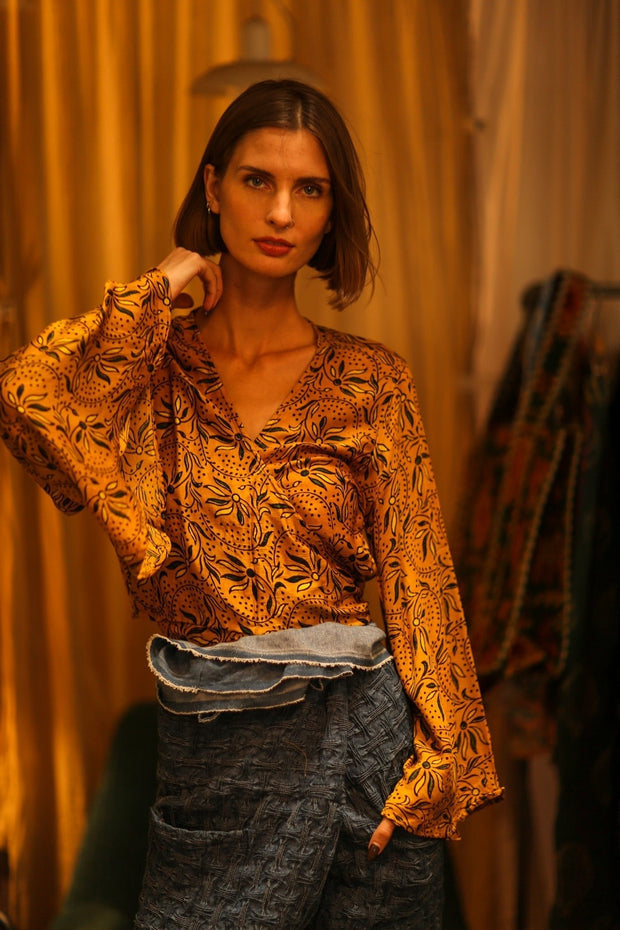 SILK WRAP TOP AURELIA GOLDEN YELLOW - sustainably made MOMO NEW YORK sustainable clothing, new slow fashion