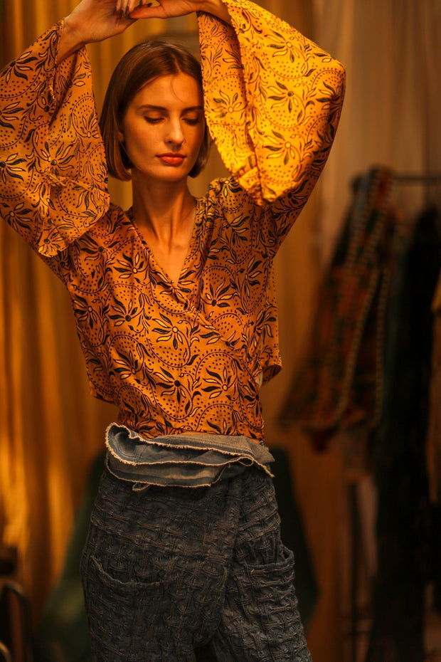 SILK WRAP TOP AURELIA GOLDEN YELLOW - sustainably made MOMO NEW YORK sustainable clothing, new slow fashion