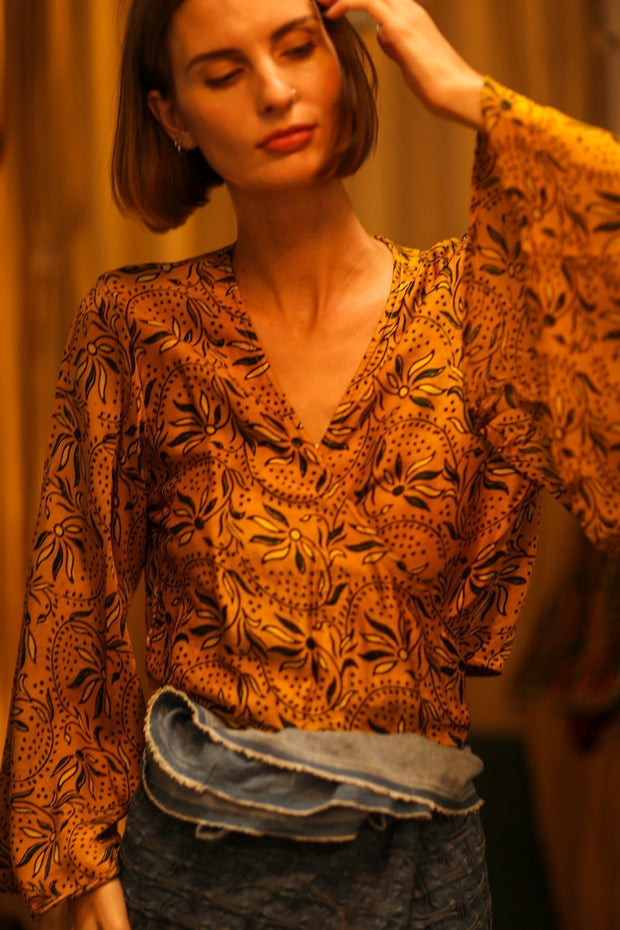 SILK WRAP TOP AURELIA GOLDEN YELLOW - sustainably made MOMO NEW YORK sustainable clothing, new slow fashion