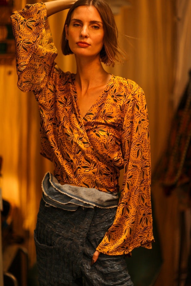 SILK WRAP TOP AURELIA GOLDEN YELLOW - sustainably made MOMO NEW YORK sustainable clothing, new slow fashion