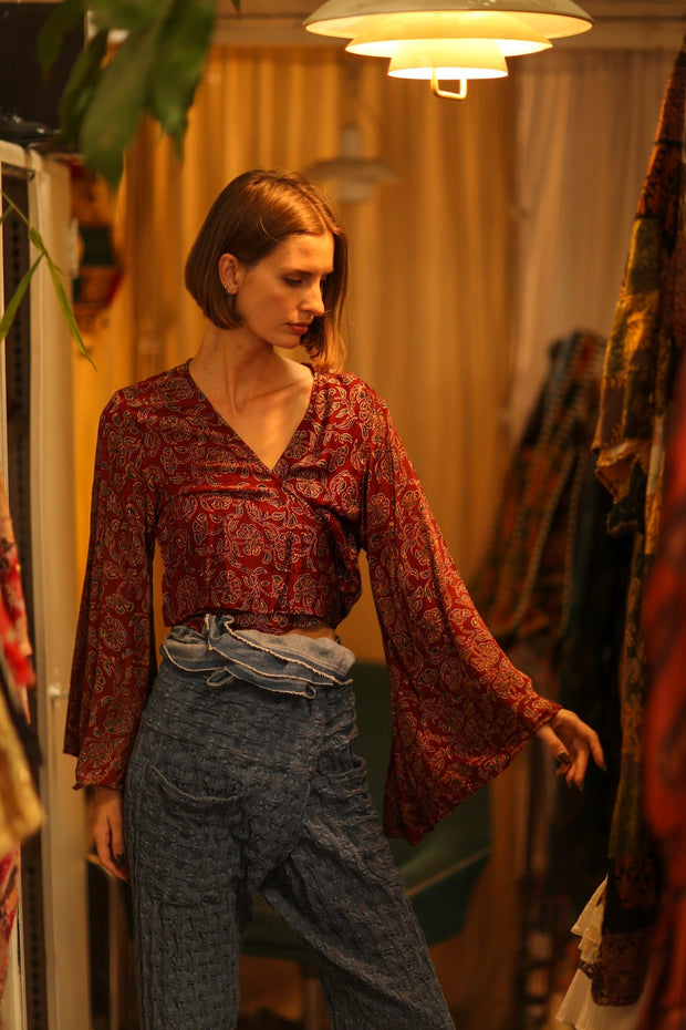 SILK WRAP TOP AURELIA RED WINE - sustainably made MOMO NEW YORK sustainable clothing, new slow fashion