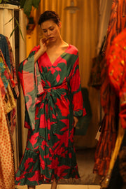 SILK XL KIMONO PINA RED GREEN - sustainably made MOMO NEW YORK sustainable clothing, bestseller slow fashion