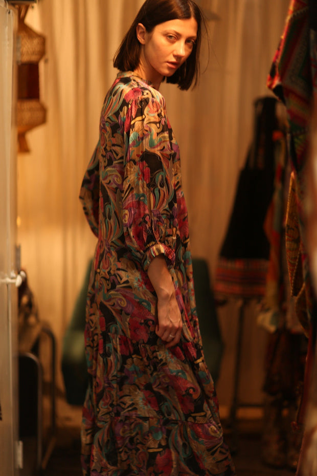 SUSIE SILK DRESS BLACK JUNGLE FEVER - sustainably made MOMO NEW YORK sustainable clothing, Boho Chic Dress slow fashion