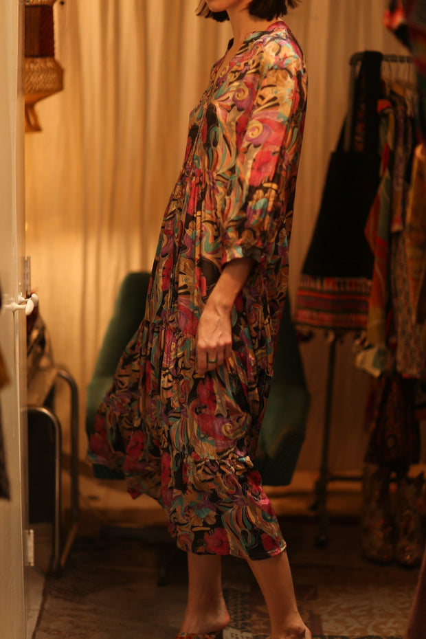 SUSIE SILK DRESS BLACK JUNGLE FEVER - sustainably made MOMO NEW YORK sustainable clothing, Boho Chic Dress slow fashion