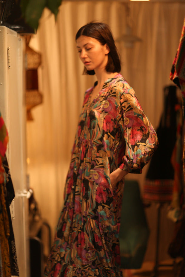 SUSIE SILK DRESS BLACK JUNGLE FEVER - sustainably made MOMO NEW YORK sustainable clothing, Boho Chic Dress slow fashion