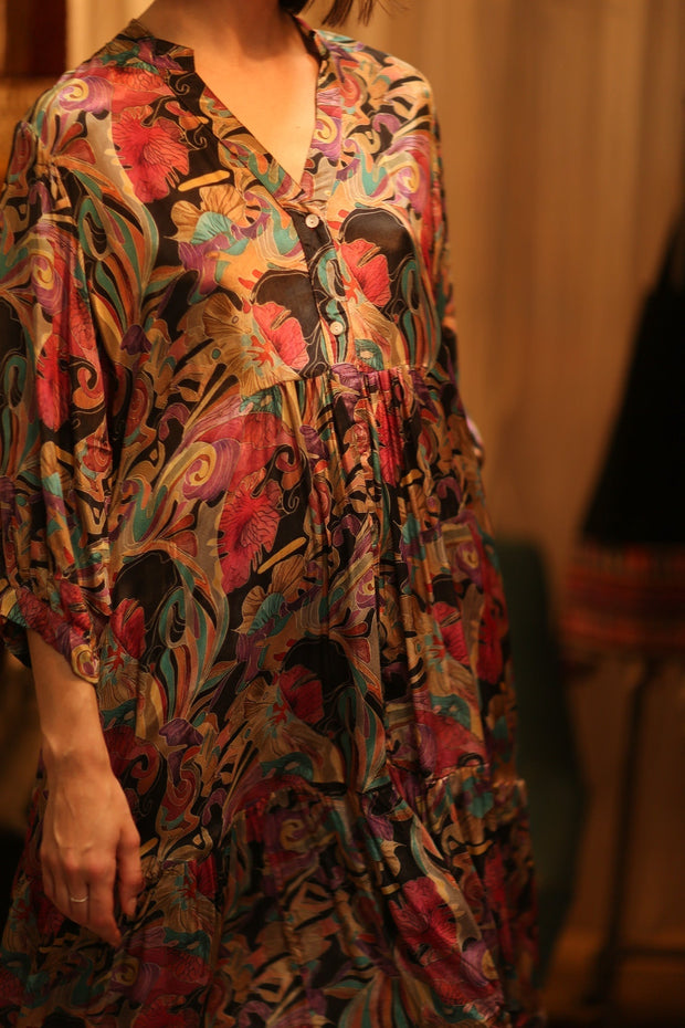 SUSIE SILK DRESS BLACK JUNGLE FEVER - sustainably made MOMO NEW YORK sustainable clothing, Boho Chic Dress slow fashion