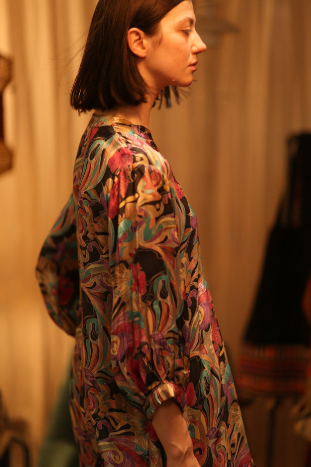 SUSIE SILK DRESS BLACK JUNGLE FEVER - sustainably made MOMO NEW YORK sustainable clothing, Boho Chic Dress slow fashion