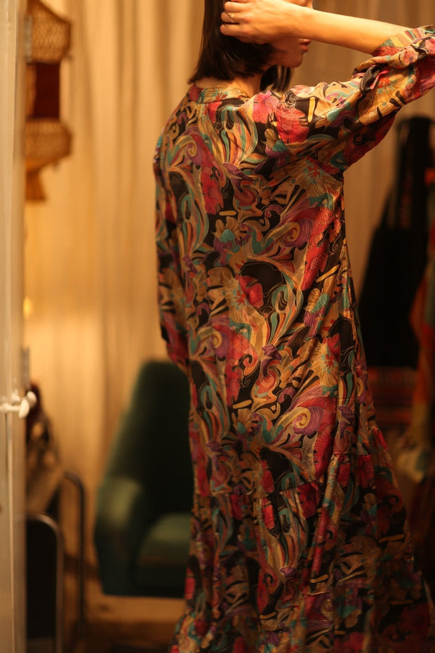 SUSIE SILK DRESS BLACK JUNGLE FEVER - sustainably made MOMO NEW YORK sustainable clothing, Boho Chic Dress slow fashion