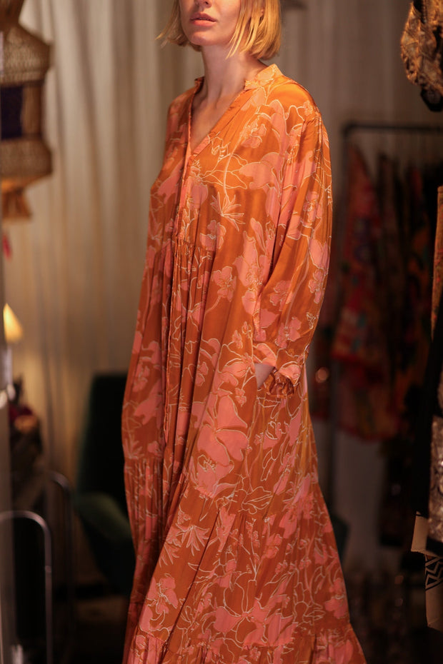SUSIE SILK DRESS ORANGE FLOWER - sustainably made MOMO NEW YORK sustainable clothing, Boho Chic Dress slow fashion