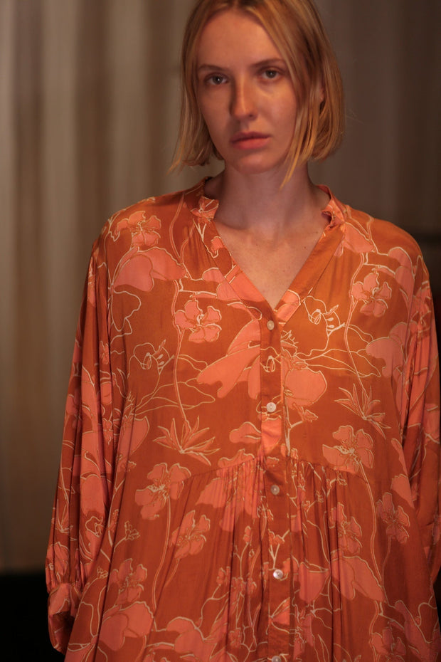 SUSIE SILK DRESS ORANGE FLOWER - sustainably made MOMO NEW YORK sustainable clothing, Boho Chic Dress slow fashion