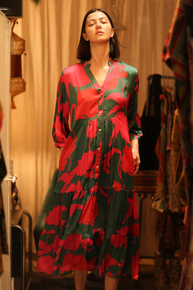 SUSIE SILK DRESS VERMILION VINES - sustainably made MOMO NEW YORK sustainable clothing, Boho Chic Dress slow fashion