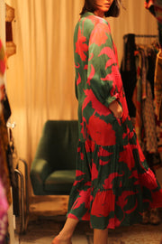 SUSIE SILK DRESS VERMILION VINES - sustainably made MOMO NEW YORK sustainable clothing, Boho Chic Dress slow fashion