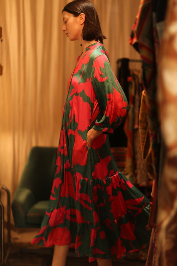 SUSIE SILK DRESS VERMILION VINES - sustainably made MOMO NEW YORK sustainable clothing, Boho Chic Dress slow fashion