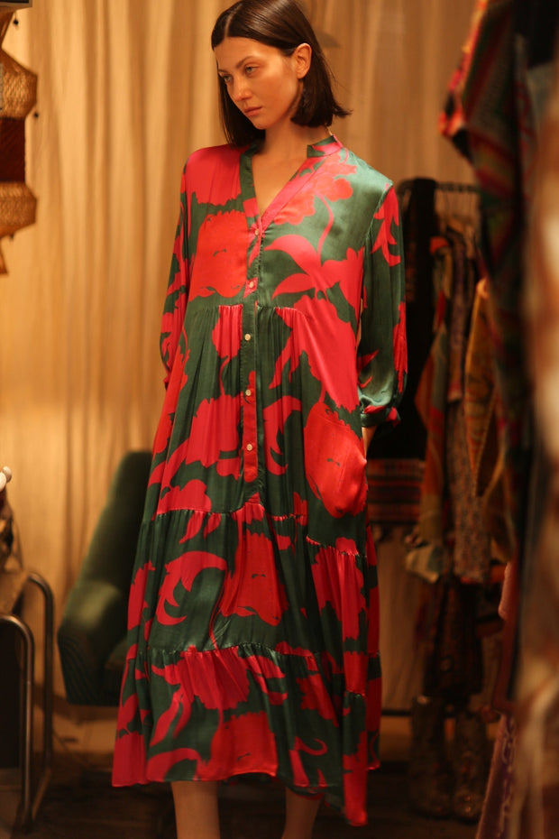 SUSIE SILK DRESS VERMILION VINES - sustainably made MOMO NEW YORK sustainable clothing, Boho Chic Dress slow fashion