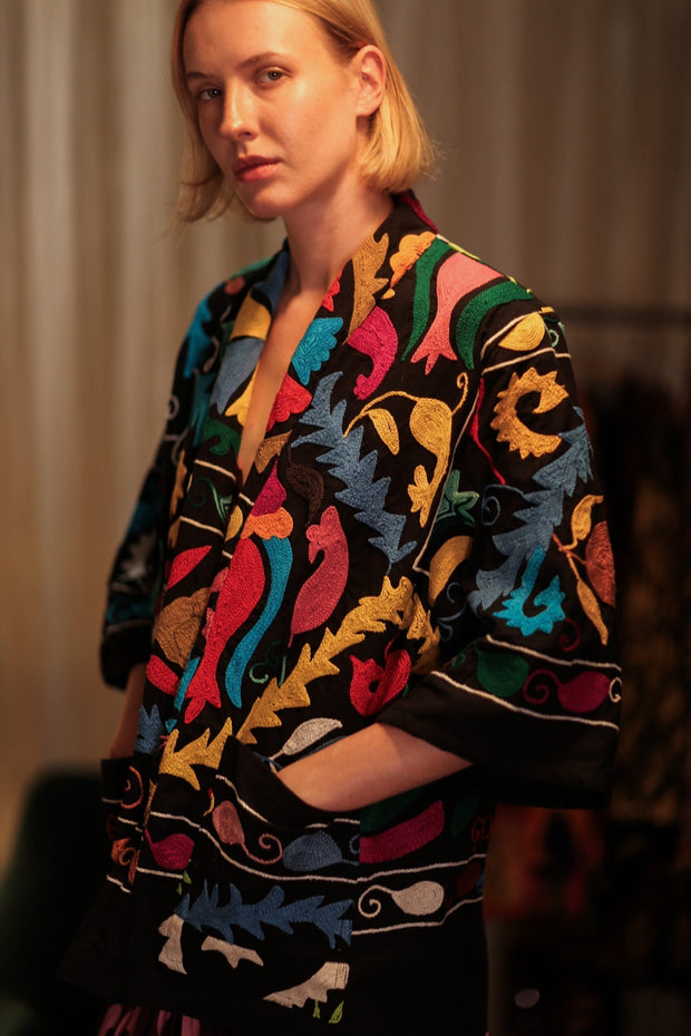 SUZANI SHORT KIMONO JACKET MONTY BLACKBOARD - sustainably made MOMO NEW YORK sustainable clothing, embellished slow fashion