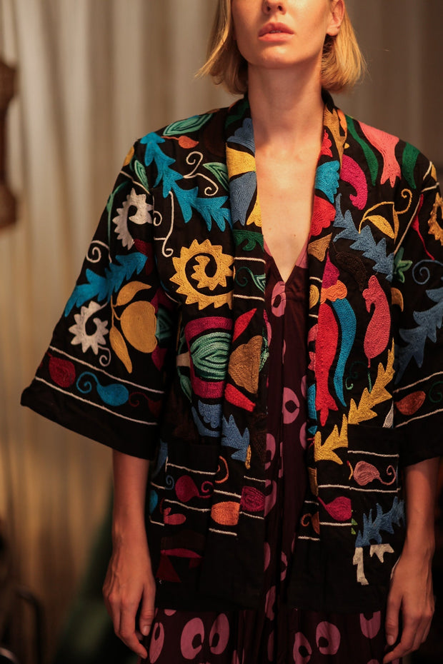 SUZANI SHORT KIMONO JACKET MONTY BLACKBOARD - sustainably made MOMO NEW YORK sustainable clothing, embellished slow fashion