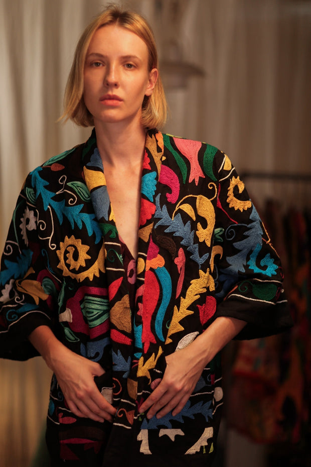 SUZANI SHORT KIMONO JACKET MONTY BLACKBOARD - sustainably made MOMO NEW YORK sustainable clothing, embellished slow fashion