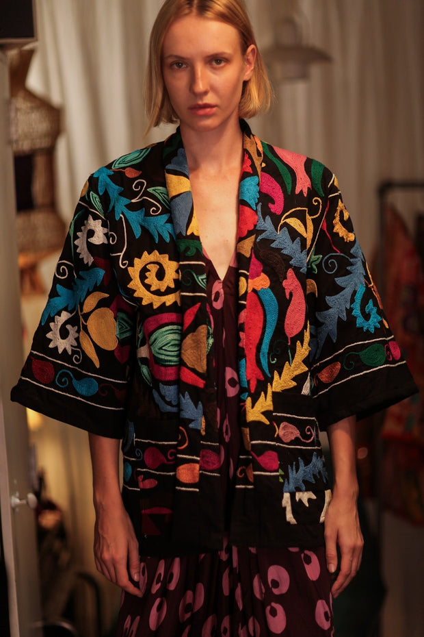 SUZANI SHORT KIMONO JACKET MONTY BLACKBOARD - sustainably made MOMO NEW YORK sustainable clothing, embellished slow fashion