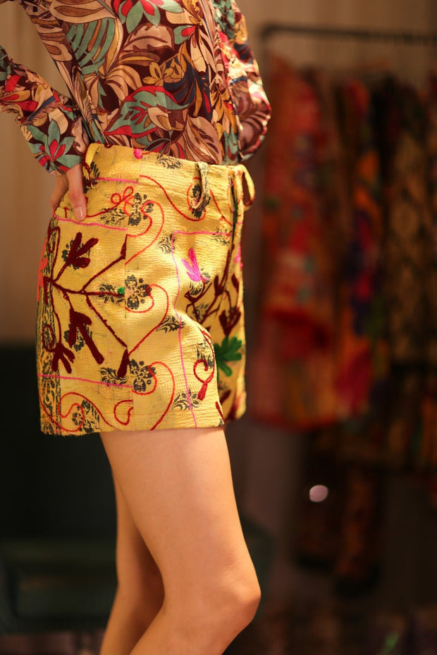 SUZANI SHORTS RAYA YELLOW BARTA - sustainably made MOMO NEW YORK sustainable clothing, kantha slow fashion