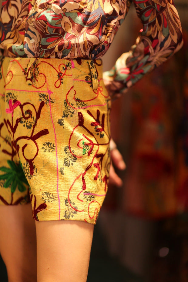 SUZANI SHORTS RAYA YELLOW BARTA - sustainably made MOMO NEW YORK sustainable clothing, kantha slow fashion