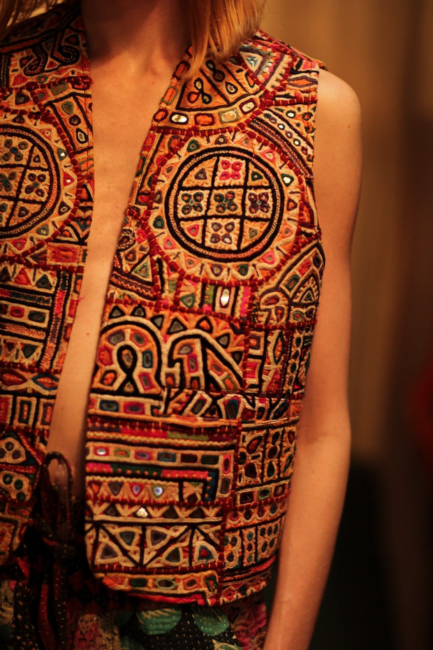 TENZIN HANDMADE EMBROIDERED GILET RED - sustainably made MOMO NEW YORK sustainable clothing, Coat slow fashion