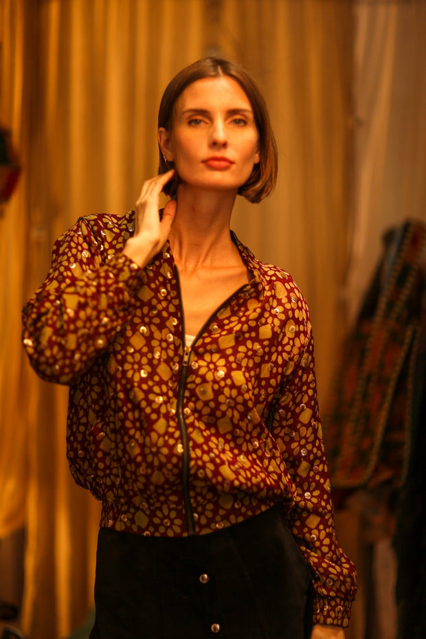 TOBIAS SILK EMBROIDERED BOMBER JACKET - sustainably made MOMO NEW YORK sustainable clothing, bomber slow fashion