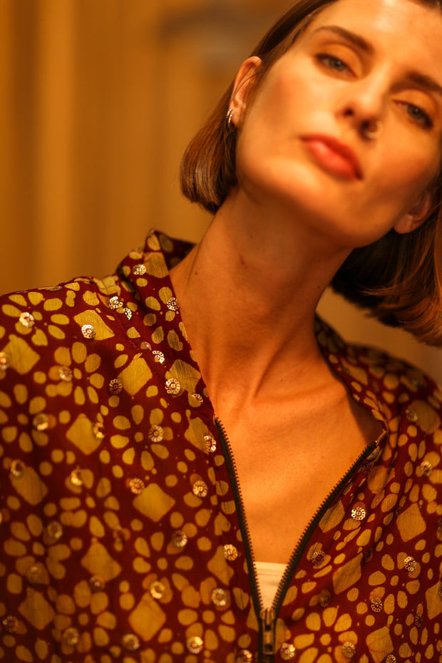 TOBIAS SILK EMBROIDERED BOMBER JACKET - sustainably made MOMO NEW YORK sustainable clothing, bomber slow fashion